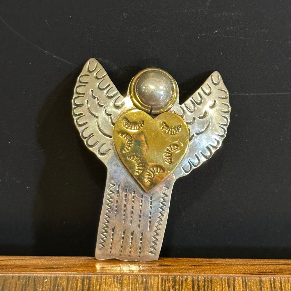 Vintage Mexico 925 Sterling Silver Angel Heart Brooch Pendant Mixed Metal Pin